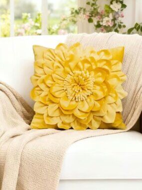 Yellow 3D Flower Throw Pillow Cover Soft Velvet 18" Square